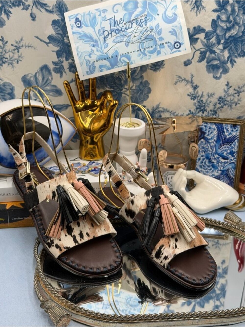 🆕 KG KURT GEIGER 🧿 NWOB Rita Animal Print Calfhair Sandals with Tassels, Sz 7